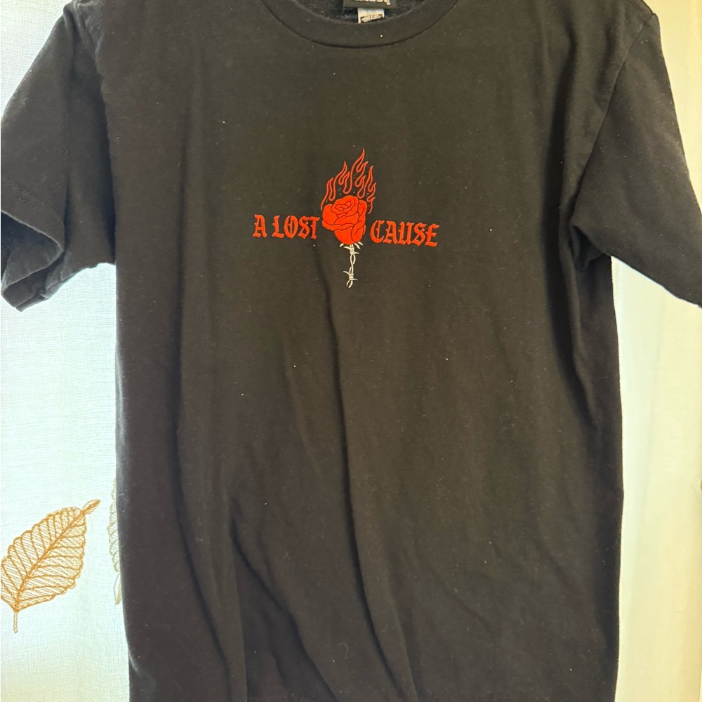 Lost Black Short Sleeve Tee with Red Flaming Rose Graphic